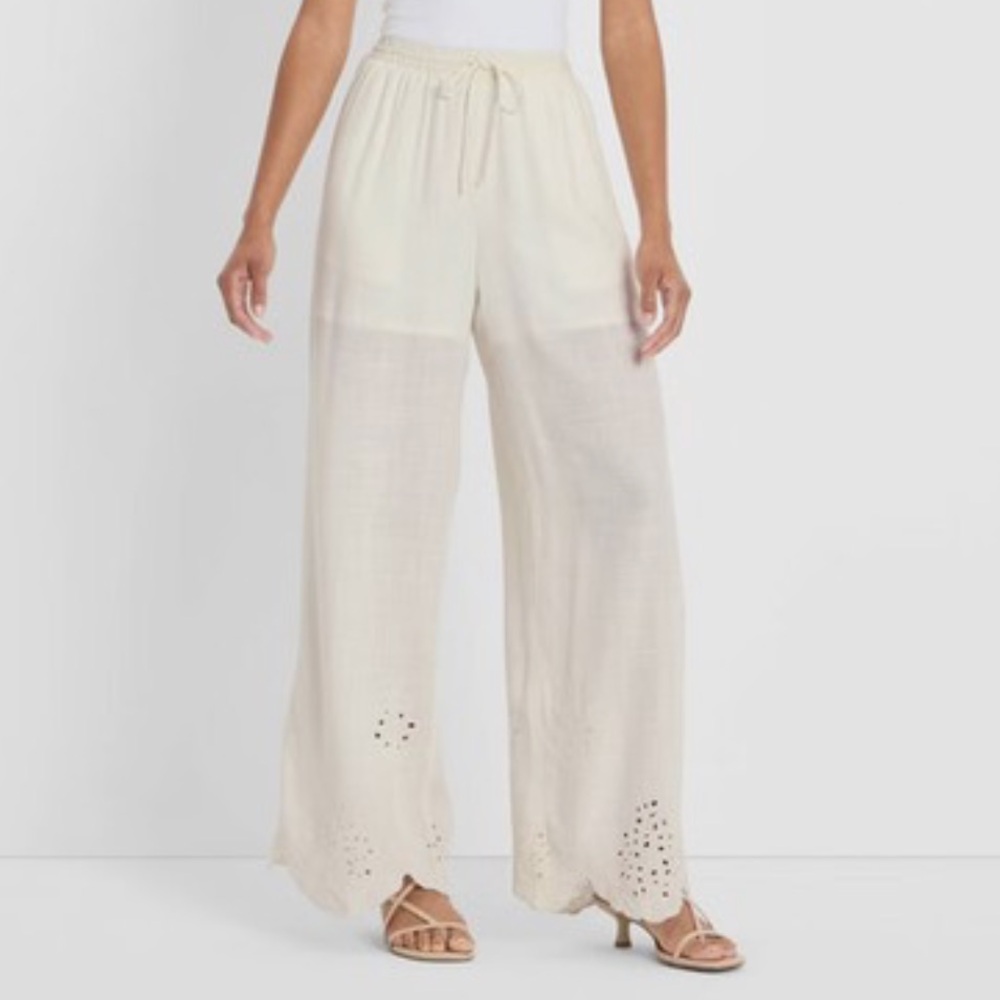 Future Collective Linen Blend Wide Leg Pants Eyelet Hem Cream Boho Size Small
